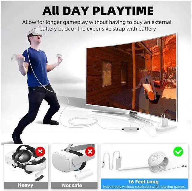 Alt view image 2 of 7 - Design 16FT Link Cable for Oculus Quest 2, with Separate Charging Port for Ultra-Durable Power, USB 3.0 Type A to C Cable for VR Headset Accessories and Gaming PC-White