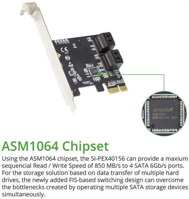 Main image of 4 Port SATA III PCI-e 3.0 x1 Card Non-Raid with Low Profile Bracket
