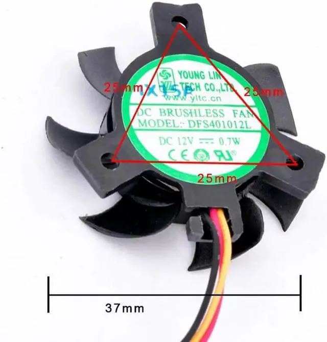 Alt view image 3 of 3 - DFS401012L Diameter 37mm, hole pitch 25x25x25mm DC12V 0.7W 3 wires, cooling fan for soft router heat sink aluminum fins