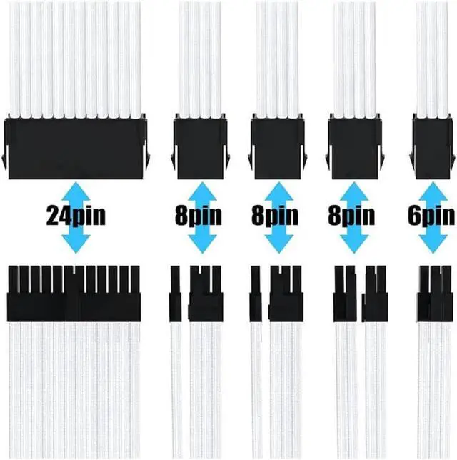 Alt view image 5 of 7 - Mod Sleeved Cable, White Power Supply Cable Extension Kit, 24PIN ATX, 4+4 PIN EPS, Dual 6+2 PIN PCIE, 6 PIN PCI-E