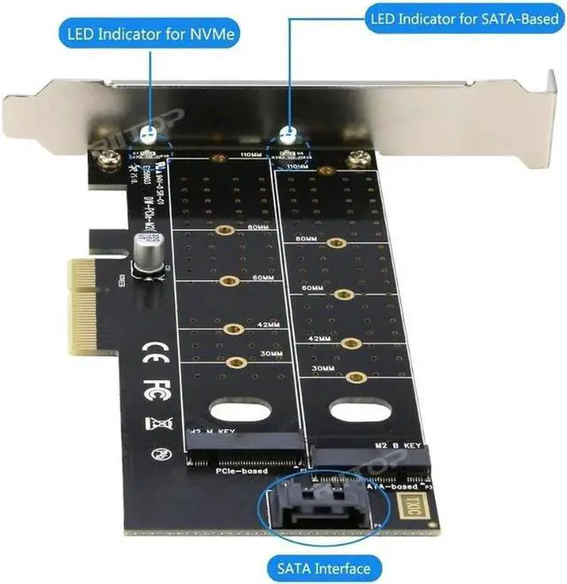 Alt view image 6 of 6 - Dual M.2 PCIe 4x Adapter for SATA or PCIe NVMe SSD with Heatsink, RIITOP M.2 SSD NVME (M Key) and SATA (B Key) 22110 2280 2260 2242 2230 to PCI-e x 4 Host Controller Expansion Card