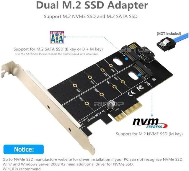 Main image of Dual M.2 PCIe 4x Adapter for SATA or PCIe NVMe SSD with Heatsink, RIITOP M.2 SSD NVME (M Key) and SATA (B Key) 22110 2280 2260 2242 2230 to PCI-e x 4 Host Controller Expansion Card