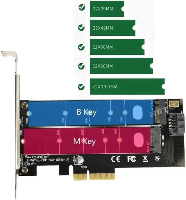 Alt view image 4 of 6 - Dual M.2 PCIe 4x Adapter for SATA or PCIe NVMe SSD with Heatsink, RIITOP M.2 SSD NVME (M Key) and SATA (B Key) 22110 2280 2260 2242 2230 to PCI-e x 4 Host Controller Expansion Card