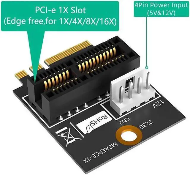 Alt view image 3 of 6 - 2230 M.2 Key A+E to PCIE X1 Adapter Card PCI Express PCI-E 1X Slot to M2 NGFF Key A/A+E/E Converter Riser Card 4Pin Power Supply