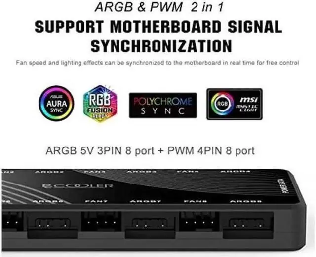 Alt view image 2 of 5 - PCCOOLER PWM Fan Hub, Addressable 5V 3Pin ARGB & 12V 4Pin PWM 2-in-1 RGB Case Fan Hub with Hidden Magnetic Base and SATA Power 16 Port, Support 8 Computer CPU Fans Splitter