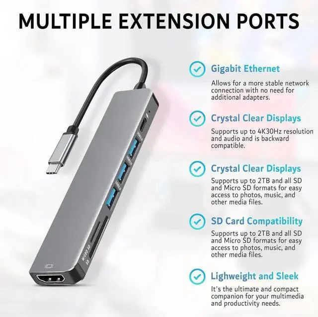 Alt view image 2 of 5 - | 7 in 1 USB C to HDMI Dongle | USB C Hub Multi-Port Adapter for Type C Compatible Devices (4K HDMI Output, USB 3.0 Ports, SD/TF Card Reader, 100W PD)