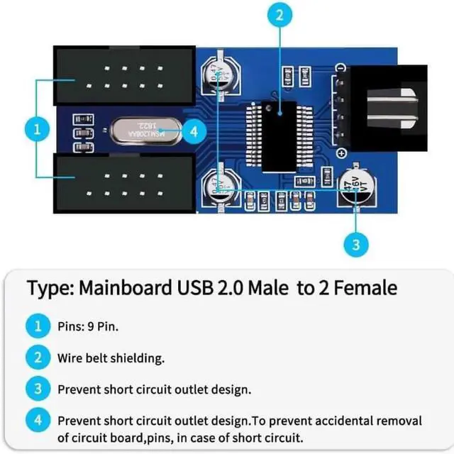 Alt view image 7 of 7 - 9 Pin 2 in 1 Internal USB Splitter Cable, 9 pin USB Header Male 1 to 2 Female Extension Connector Adapter, USB 2.0 HUB Connector Port Multiplier PWM Fan Splitter Cable (30cm/0.98ft
