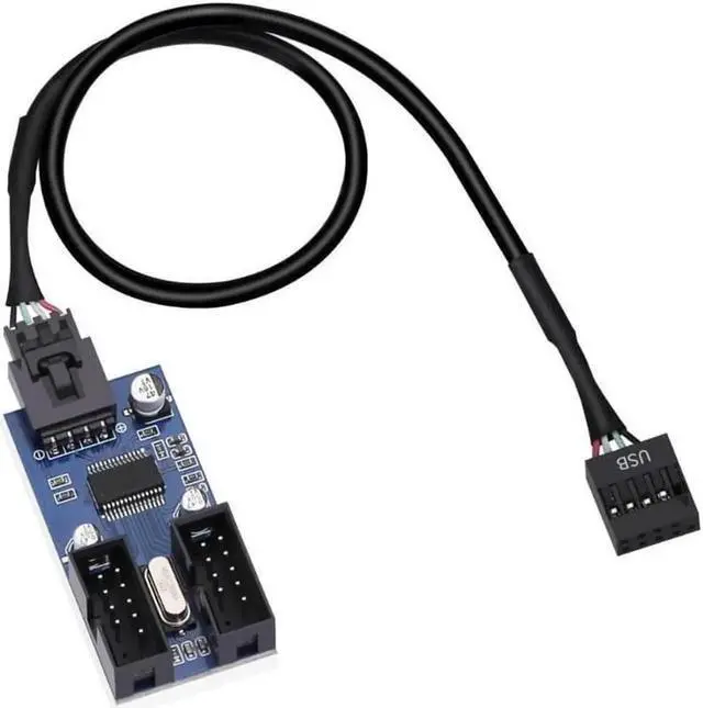 Main image of 9 Pin 2 in 1 Internal USB Splitter Cable, 9 pin USB Header Male 1 to 2 Female Extension Connector Adapter, USB 2.0 HUB Connector Port Multiplier PWM Fan Splitter Cable (30cm/0.98ft