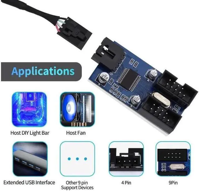 Alt view image 5 of 7 - 9 Pin 2 in 1 Internal USB Splitter Cable, 9 pin USB Header Male 1 to 2 Female Extension Connector Adapter, USB 2.0 HUB Connector Port Multiplier PWM Fan Splitter Cable (30cm/0.98ft