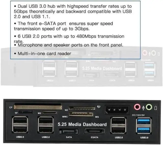 Alt view image 3 of 6 - Multi-Function USB 3.0 Hub eSATA SATA Port Internal Card Reader PC Dashboard Media Front Panel Audio for SD MS CF TF M2 MMC Memory Cards Fits 5.25" Bay