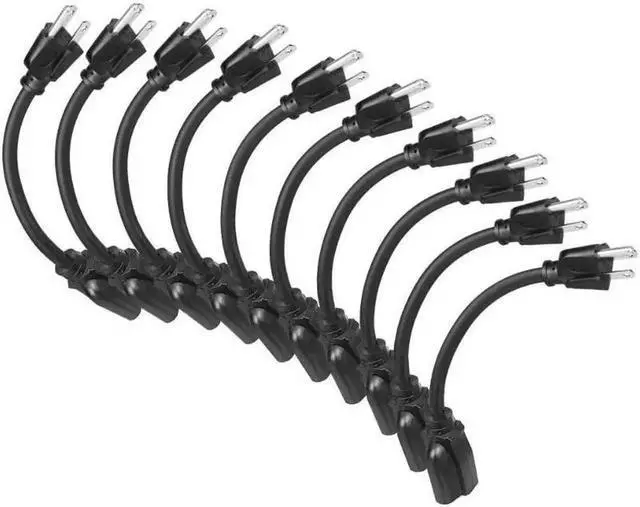 Main image of 10 Pack Short Extension Cord 1 Foot Power Cord 16 AWG SJTW Weatherproof Extension Cable for Indoor Outdoor Use 3 Prong Grounded Outlets Plugs NEMA 5-15P to NEMA 5-15R Black UL Listed