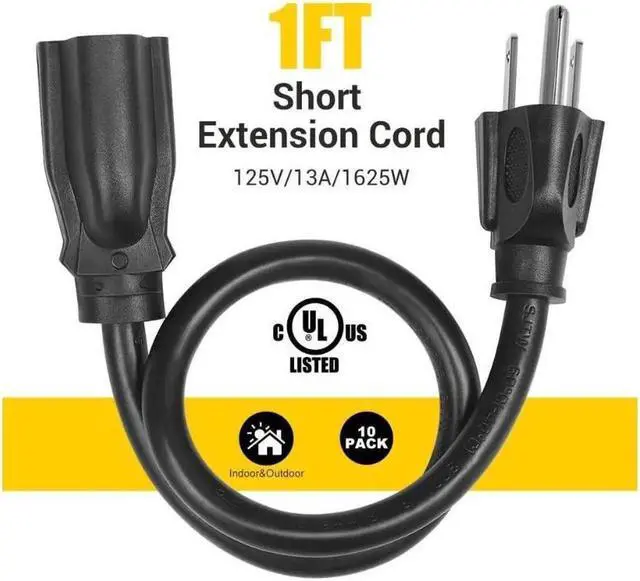 Alt view image 3 of 6 - 10 Pack Short Extension Cord 1 Foot Power Cord 16 AWG SJTW Weatherproof Extension Cable for Indoor Outdoor Use 3 Prong Grounded Outlets Plugs NEMA 5-15P to NEMA 5-15R Black UL Listed
