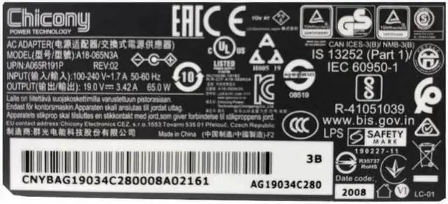 Alt view image 2 of 2 - 19V 3.42A 65W 4.0x1.7mm Chicony A18-065N3A A065R191P AC Adapter For Laptop Charger Power Supply