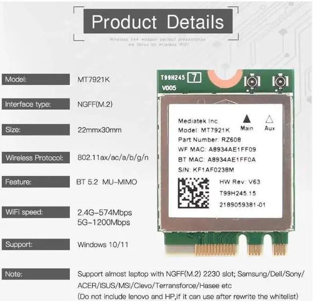Alt view image 3 of 5 - Wi-Fi 6E MediaTek MT7921k Tri band 1800Mbps 2.4G/5G/6G Bluetooth 5.2 WiFi 6 Wireless Card 802.11AX Windows 10 / 11