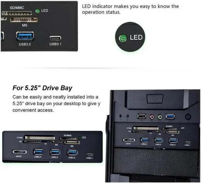 Alt view image 3 of 5 - 5.25" Internal Desktop Front Panel Card Reader Type-C USB 3.1 USB 3.0 Hub Support CF MD XD MMC SD TF M2 MS eSATA