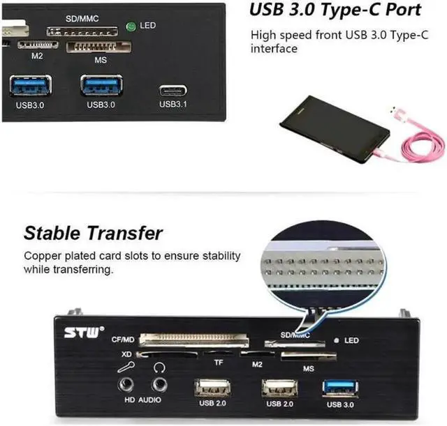 Alt view image 2 of 5 - 5.25" Internal Desktop Front Panel Card Reader Type-C USB 3.1 USB 3.0 Hub Support CF MD XD MMC SD TF M2 MS eSATA