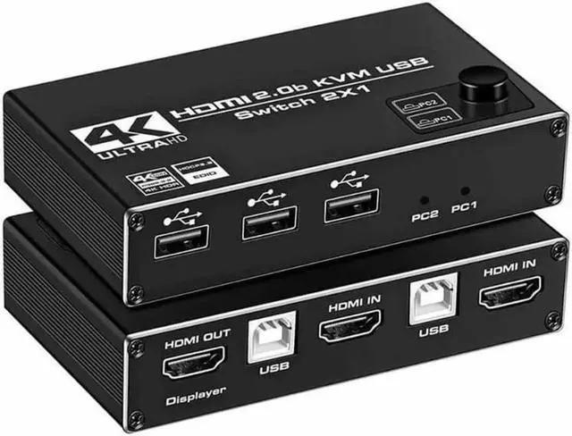 Main image of HDMI KVM Switch, 4K@60Hz 2x1 HDMI2.0 Ports + 3X USB KVM Ports, Share 2 Computers to one UHD Monitor, Support Wireless Keyboard and Mouse, USB Disk, Printer, USB Camera (Included 2 USB Cable)