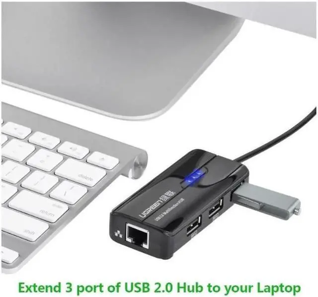 Alt view image 3 of 7 - UGREEN 20264 3 Ports USB 2.0 HUB Splitter + 10/100Mbps RJ45 Ethernet Adapter for Mac, Windows, Linux Systems PC, Cable Length: 28cm