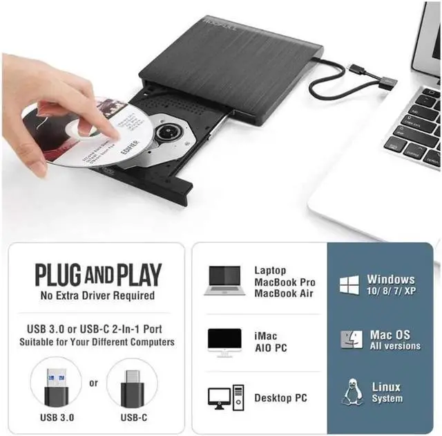 Alt view image 3 of 7 - External CD DVD Drive, Type C USB 3.0 CD DVD RW Reader Burner Portable CD-RW/VCD-RW Player Rewriter High Speed Low Noise Super drive for Laptop, Desktop, Mac OS, Windows 10/8/7/XP/Linux