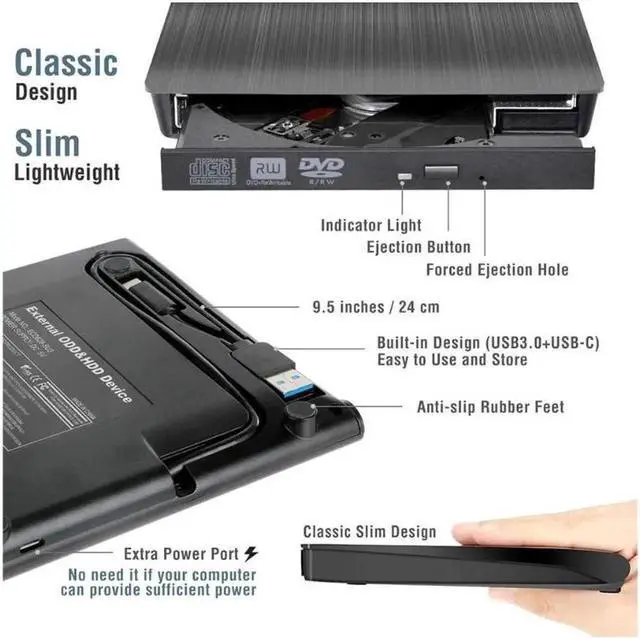 Alt view image 5 of 7 - External CD DVD Drive, Type C USB 3.0 CD DVD RW Reader Burner Portable CD-RW/VCD-RW Player Rewriter High Speed Low Noise Super drive for Laptop, Desktop, Mac OS, Windows 10/8/7/XP/Linux