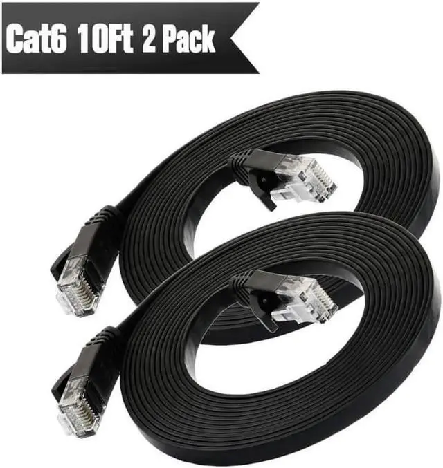 Main image of Cat 6 Ethernet Cable Black 10ft (2 Pack)(at a Cat5e Price but Higher Bandwidth) Flat Internet Network Cable - Cat6 Ethernet Patch Cable Short - Cat6 Computer Cable with Snagless RJ45 Connectors