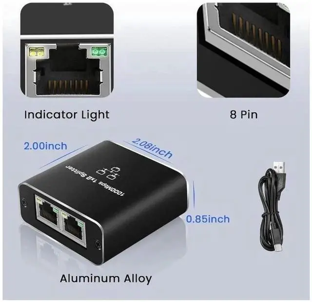 Alt view image 5 of 7 - RJ45 Ethernet Splitter 1 to 2 Out, 1000Mbps Network Splitter with USB Power Cable, Gigabit LAN Internet Splitter Connector for Cat 5/5e/6/7/8, Support Two Devices Working Simultaneously