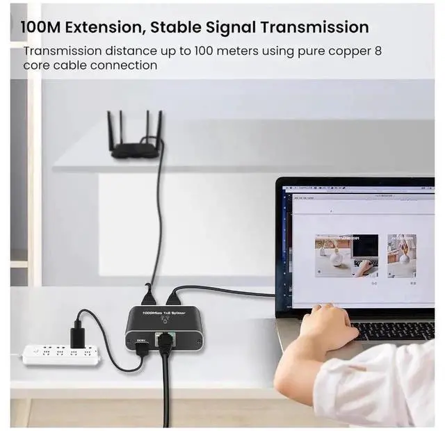 Alt view image 7 of 7 - RJ45 Ethernet Splitter 1 to 2 Out, 1000Mbps Network Splitter with USB Power Cable, Gigabit LAN Internet Splitter Connector for Cat 5/5e/6/7/8, Support Two Devices Working Simultaneously