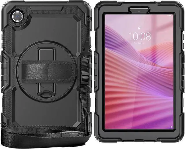 Main image of Compatible with Len-ovo Tab One 8.7 inch/K9 TB305FU (2025) Case with Screen Protector Heavy Duty Shockproof Protective Case Drop-Proof Cover Swivel Kickstand+Handle+Strapp Silicone Cover(Black)