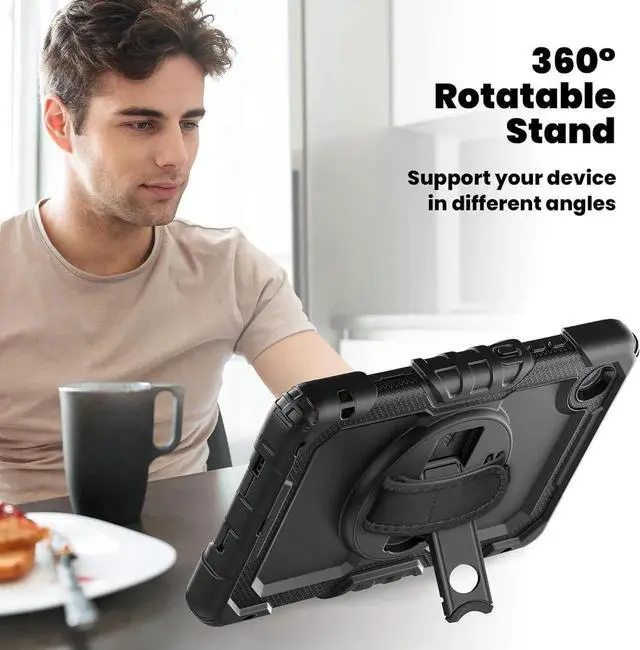Alt view image 2 of 7 - Compatible with Len-ovo Tab One 8.7 inch/K9 TB305FU (2025) Case with Screen Protector Heavy Duty Shockproof Protective Case Drop-Proof Cover Swivel Kickstand+Handle+Strapp Silicone Cover(Black)