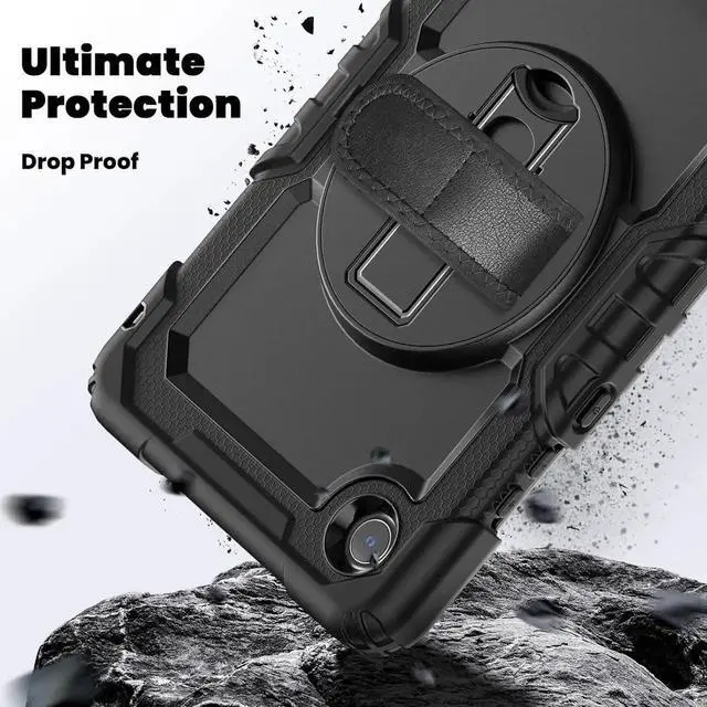 Alt view image 6 of 7 - Compatible with Len-ovo Tab One 8.7 inch/K9 TB305FU (2025) Case with Screen Protector Heavy Duty Shockproof Protective Case Drop-Proof Cover Swivel Kickstand+Handle+Strapp Silicone Cover(Black)