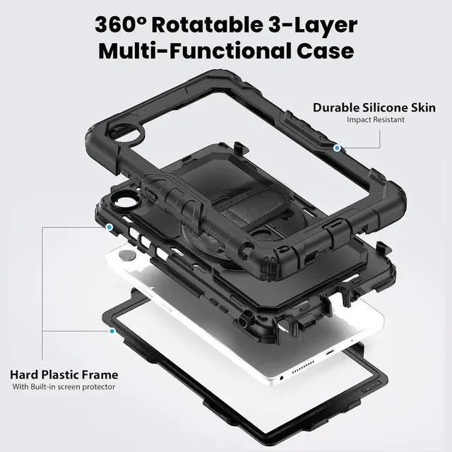 Alt view image 5 of 7 - Compatible with Len-ovo Tab One 8.7 inch/K9 TB305FU (2025) Case with Screen Protector Heavy Duty Shockproof Protective Case Drop-Proof Cover Swivel Kickstand+Handle+Strapp Silicone Cover(Black)
