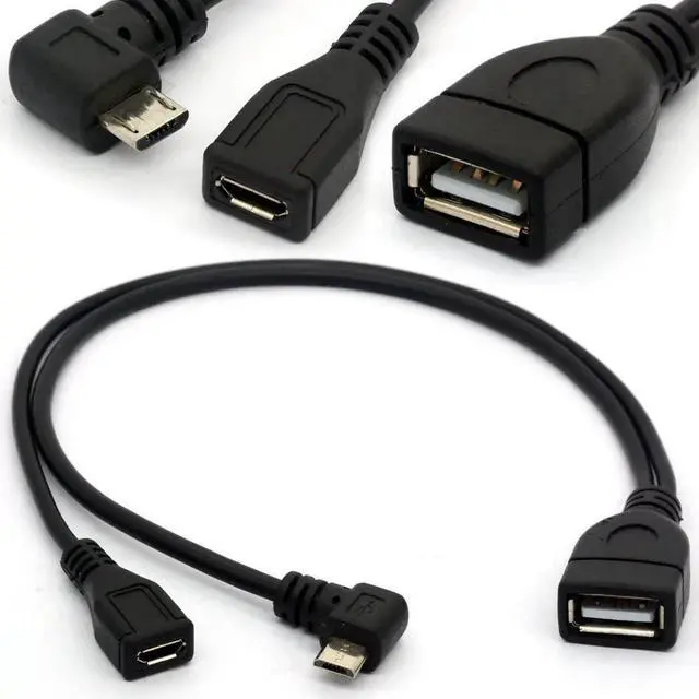Main image of Micro USB Y Splitter Cable OTG Power Enhancer Cord USB 2.0 A Female to 90 Degree Micro USB Male and Straight Micro Female On-The-Go Adapter (Micro Male 90Degree)