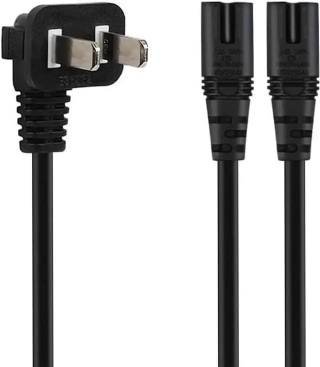 Alt view image 2 of 4 - 6FT Non-Polarized AC Power Cord 2 Prong 1-15p to Dual C8 Figure 8 Power Cable CCC Listed Universal Replacement Wall Cable (90 Degree Angle)