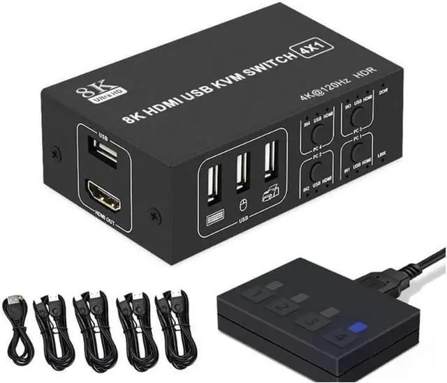 Main image of 4x1 HDMI KVM Switch 4 Port, 8K @60Hz 4K@120Hz HDMI USB KVM HDMI Switch Share 4 Computers with One Monitor One-Button Swapping, 4 in 1 Out KVM Switcher for PC Laptop with 4 USB Cables 1 Power Cable