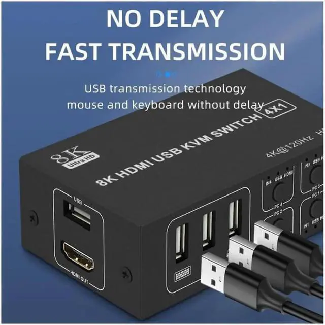 Alt view image 2 of 7 - 4x1 HDMI KVM Switch 4 Port, 8K @60Hz 4K@120Hz HDMI USB KVM HDMI Switch Share 4 Computers with One Monitor One-Button Swapping, 4 in 1 Out KVM Switcher for PC Laptop with 4 USB Cables 1 Power Cable
