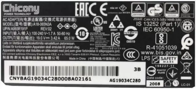 Alt view image 2 of 2 - 19V 3.42A 65W 4.0x1.7mm Chicony A18-065N3A A065R191P AC Adapter For Laptop Charger Power Supply