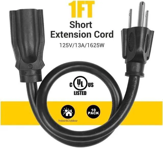 Main image of 10 Pack Short Extension Cord 1 Foot Power Cord 16 AWG SJTW Weatherproof Extension Cable for Indoor Outdoor Use 3 Prong Grounded Outlets Plugs NEMA 5-15P to NEMA 5-15R Black UL Listed