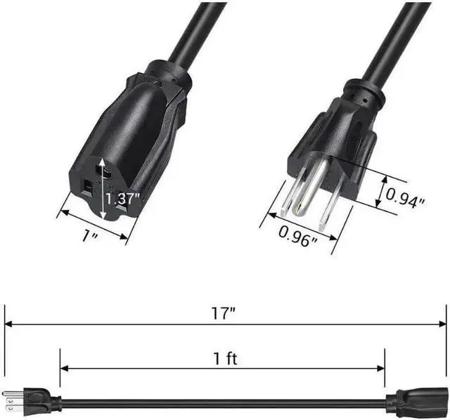 Alt view image 4 of 7 - 10 Pack Short Extension Cord 1 Foot Power Cord 16 AWG SJTW Weatherproof Extension Cable for Indoor Outdoor Use 3 Prong Grounded Outlets Plugs NEMA 5-15P to NEMA 5-15R Black UL Listed