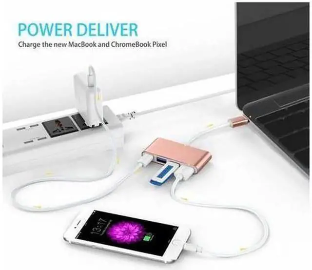 Alt view image 5 of 5 - 4-in-1 USB-C Hub with Type C, USB 3.0, USB 2.0 Compatible 2020-2016 MacBook Pro 13/15/16, New Mac Air/Surface, ChromeBook, More, Multiport Charging & Connecting Adapter (CB-C13, Rose Gold)