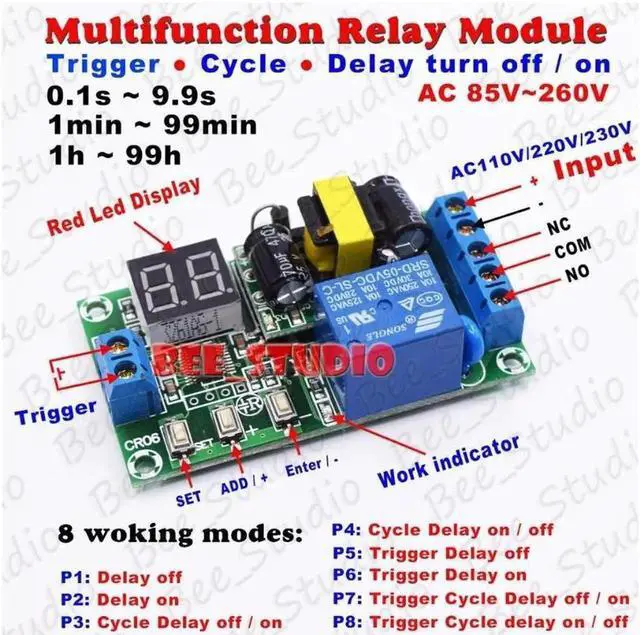 Main image of AC 110V 220V 230V Digital LED Cycle Delay turn ON/OFF Switch Timer Relay Module 8 modes