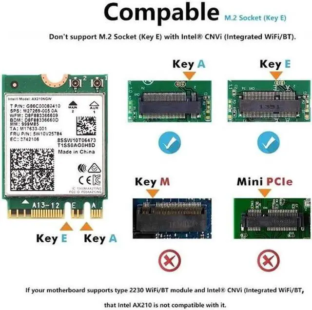 Alt view image 6 of 6 - 3000Mbps WiFi 6E Intel AX210 Bluetooth 5.2 M.2 2230 Key E WiFi 6 Card 2.4G/5Ghz/6Ghz With IPEX4 Antennas Wireless AX210NGW 802.11ac/ax WiFi Adapter, Support Windows 10 Linux For Laptop Desktop