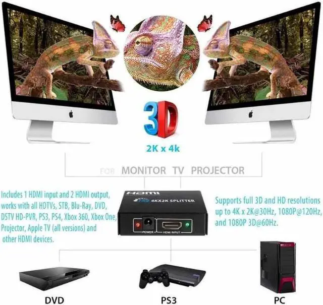 Alt view image 5 of 7 - Full HD HDMI Splitter 1x2 Repeater Amplifier 3D 1080p 4K Switch Box 1 in 2 out