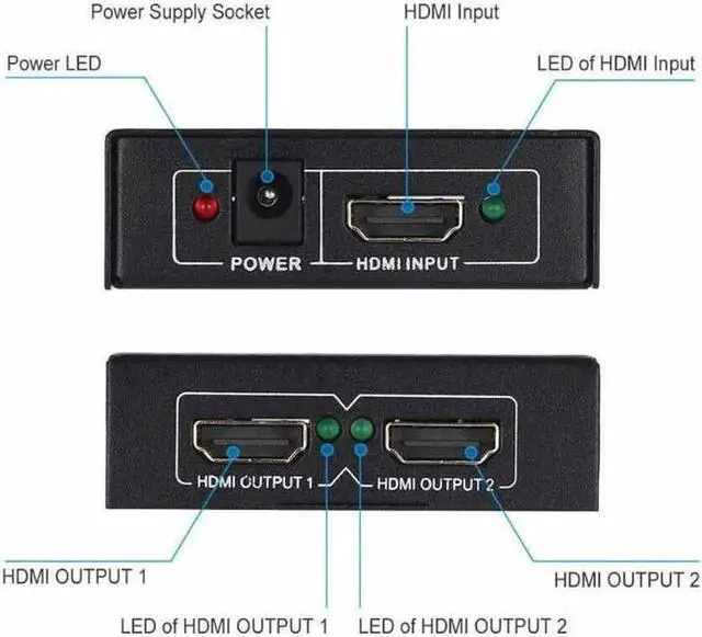 Alt view image 7 of 7 - Full HD HDMI Splitter 1x2 Repeater Amplifier 3D 1080p 4K Switch Box 1 in 2 out