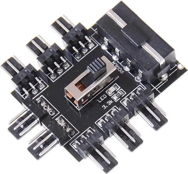 Alt view image 3 of 4 - PC Fan Speed Controller - 8 Way Cooling Fan Hub w/ 7/12V Voltage Switch - 1 to 8 Multi Way Splitter for 3-Pin / 4 Pin Case Fan - PCB Adapter - Power by Molex