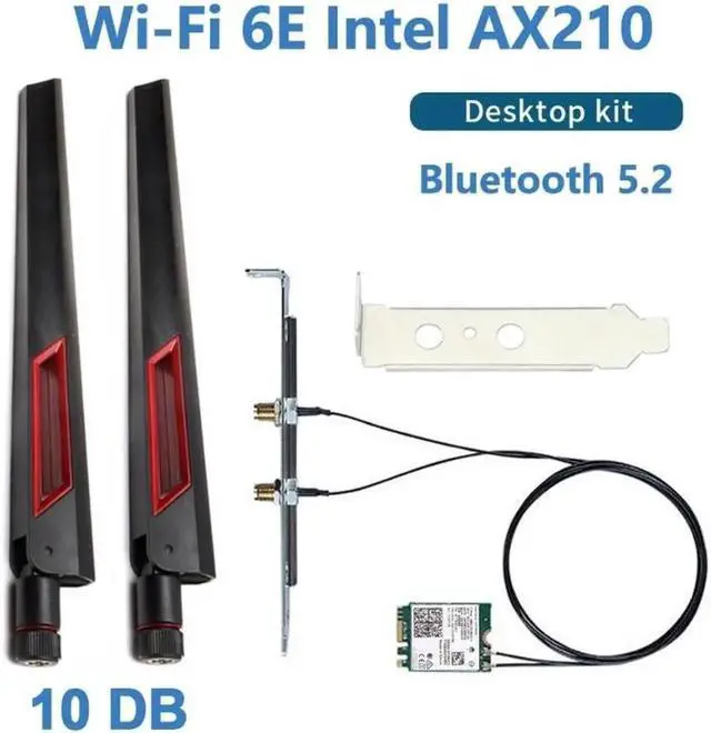 Main image of 10DB Antenna Set Wi-Fi 6E Intel AX210 Bluetooth 5.2 + 3000Mbps 2.4Ghz 5Ghz 6Ghz M.2 2230 Key E Desktop Kit Wireless Adapter AX210NGW WiFi 6 Card 802.11ax/ac Support MU-MIMO OFDMA Windows 10