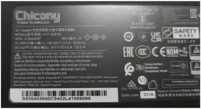 Alt view image 3 of 3 - 20V 6A 120W 4.5x3.0mm Chicony A17-120P2A A12A055P THIN Power Supply AC Adapter For MSI CF63 MS-16R5 Laptop Charger