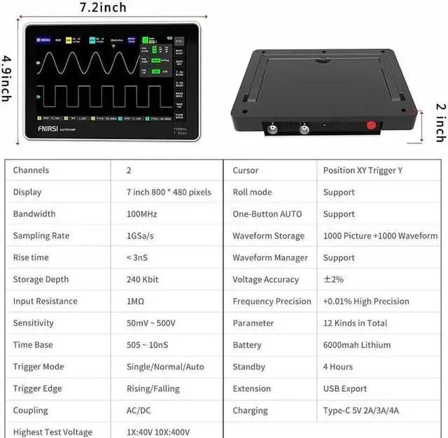 Alt view image 4 of 6 - 1013D Plus Oscilloscope - Portable Handheld Tablet Oscilloscope with 100X High Voltage Probe, 2 Channels 100Mhz Bandwidth 1GSa/s Sampling Rate 7" TFT LCD Touch Screen