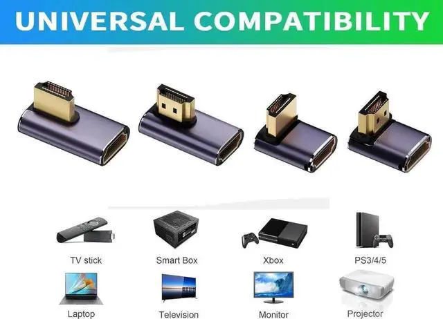 Main image of 8K HDTV 90 Degree Adapter (4 Pack), Up & Down,Left & Right Angle HDMI-compatible Connector, UHD 48Gbps Male to Female Extender Support 8K@60Hz 4K@120Hz for Laptop,DVD,UHD TV, Monitors,PS