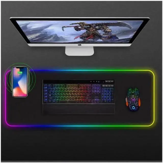 Alt view image 6 of 7 - RGB Gaming XL Mouse Pad Wireless Charging , Fast Charging,10 Modes Cool Light, Extended Mouse Mat, Anti-Fray Stitching & Non-Slip Grip - Wireless Charger - 31.5"X11.8"X 0.15"(800X300X4mm)