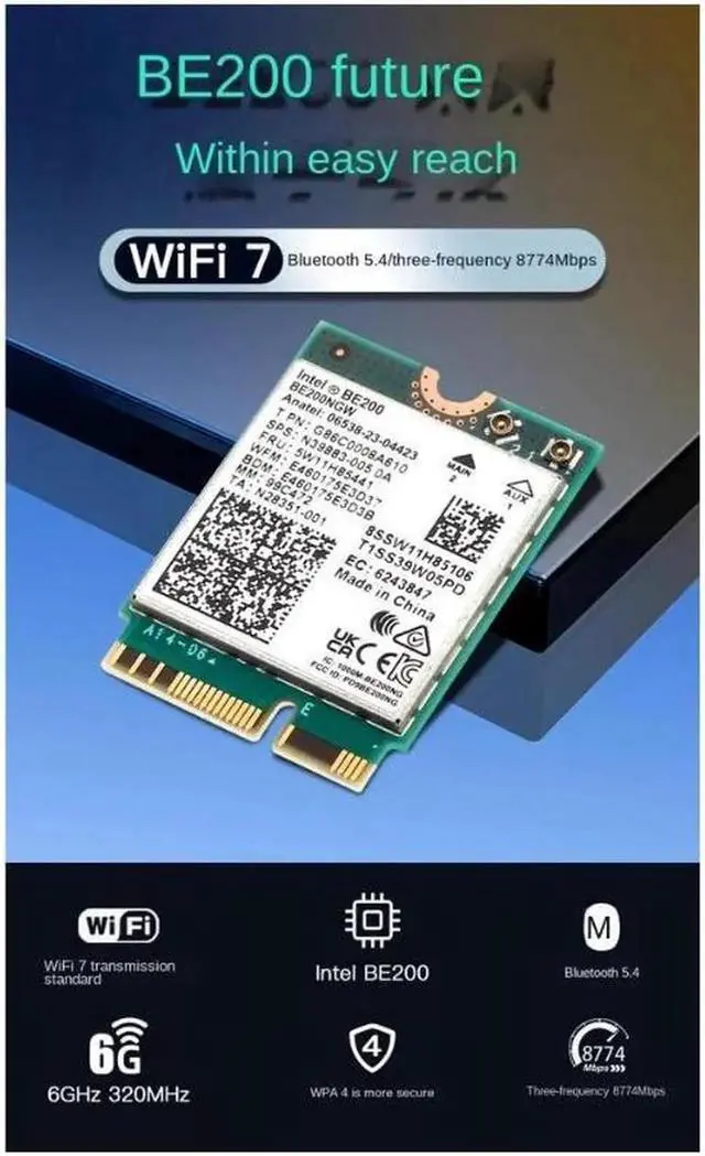 Alt view image 4 of 7 - New Wi-Fi 7 Intel BE200 Bluetooth 5.4 Wifi Card BE200NGW 2.4/ 5/ 6 GHz 5.8 Gbps For Windows 10/11 PC Laptop With Antennas
